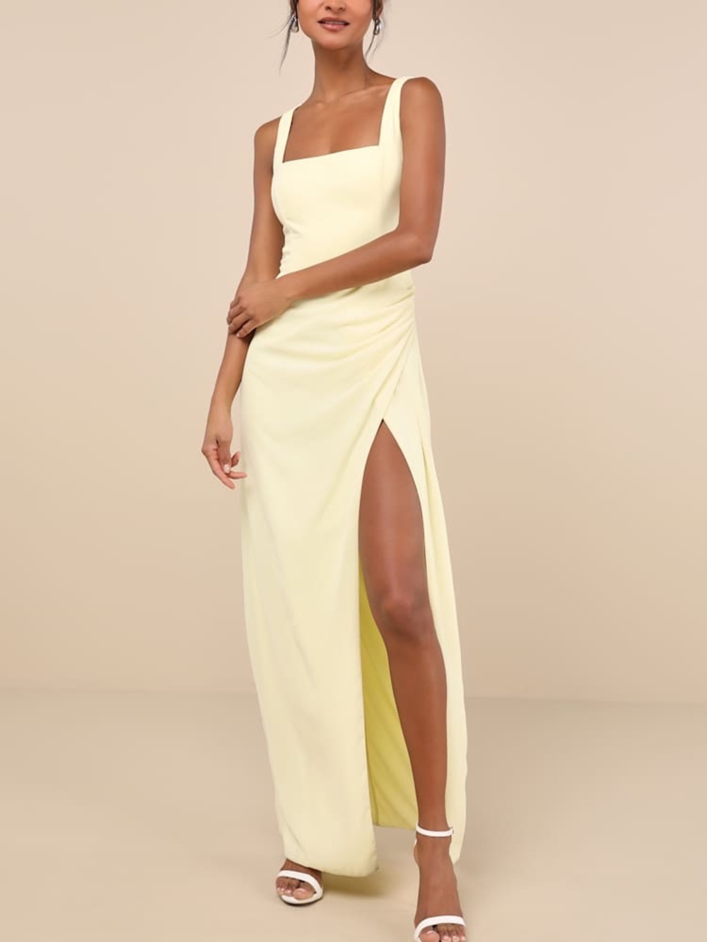 NWT Lulus Glamorous Disposition Light Yellow Ruched Maxi Dress Size XL